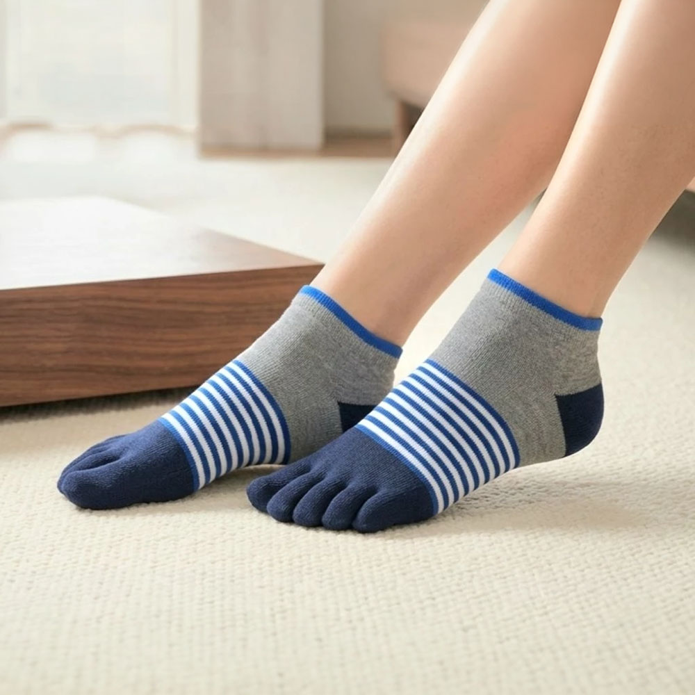 [Kaimei Cotton] MIT Taiwan-made pure cotton antibacterial and deodorant boat-shaped striped five-toe socks, , large