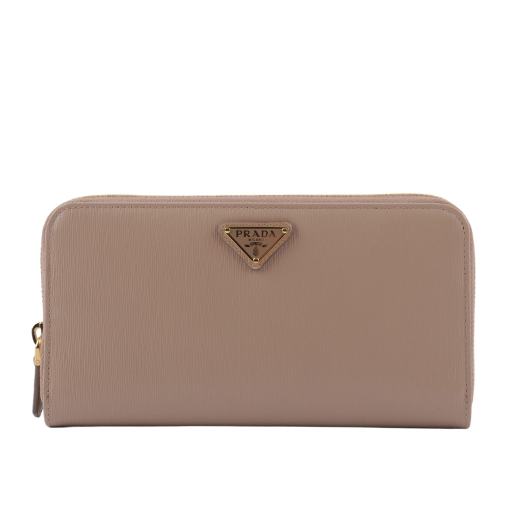 PRADA 三角牌Logo水波紋皮革ㄇ型拉鏈長夾/藕粉色, , large