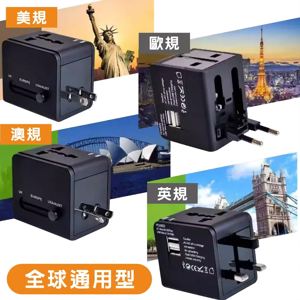 TRISTAR TS-USB170 雙USB萬國旅行轉接頭 3.1A 快速充電 四國插頭設計(百/黑), , large