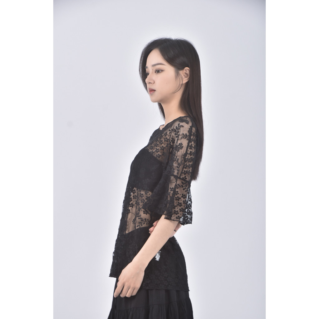 (M) 蕾絲透膚黑色短袖上衣二手衣, , large