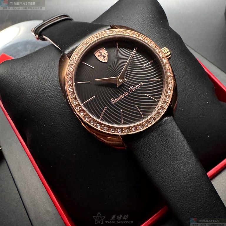 [星晴錶業]FERRARI手錶,34mm,FE00090黑色錶面玫瑰金錶殼深黑色真皮皮革錶帶款, , large