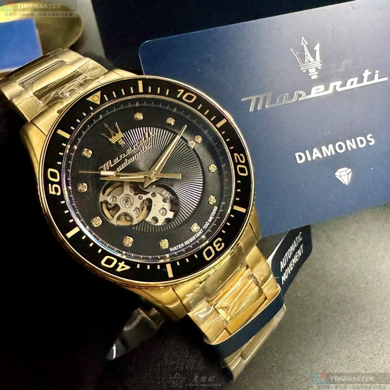 [星晴錶業]MASERATI手錶,44mm,R8823140003黑色雙面機械鏤空錶面金色錶殼金色精鋼錶帶款, , large