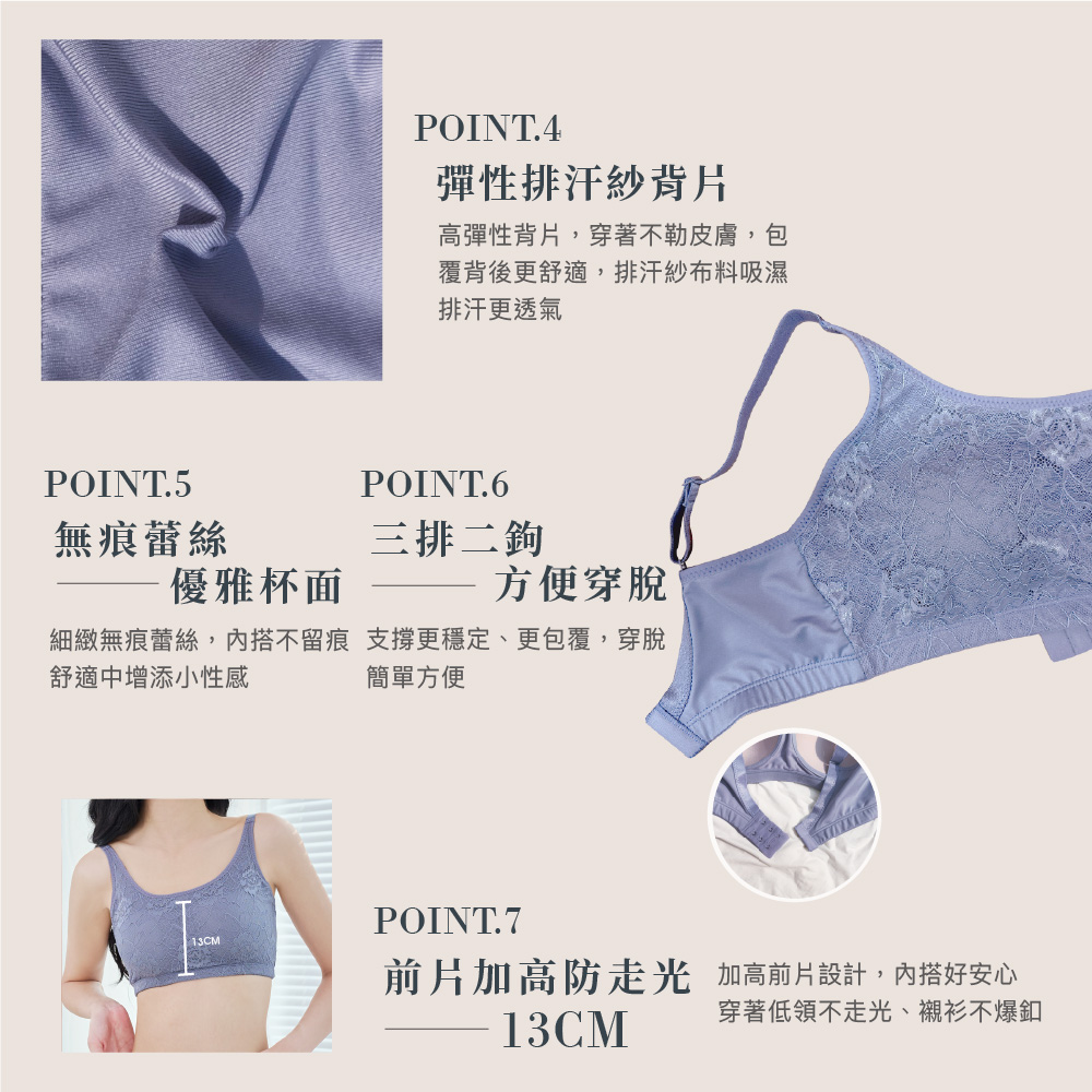 【可蘭霓Clany】台灣製蕾絲涼感多功能M-3XL無鋼圈內衣 藍灰色 6920-52, , large