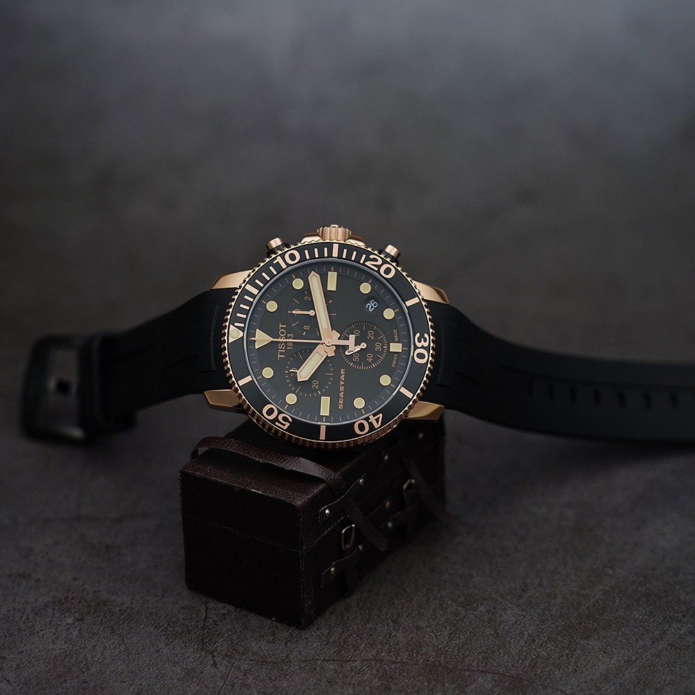 TISSOT 天梭 Seastar 1000 海洋之星300米計時手錶-黑x玫塊金框  T1204173705100, , large