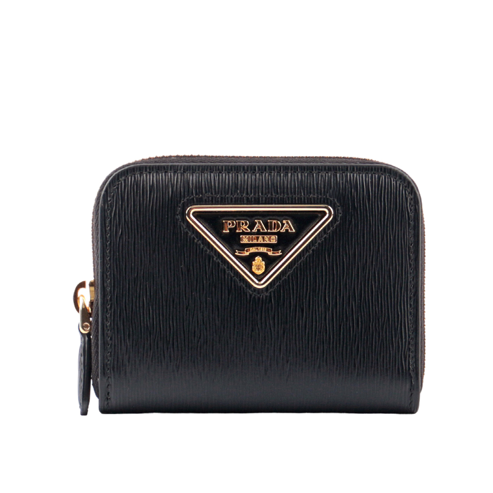 PRADA 三角框浮雕Logo 水波紋皮革零錢包/黑色, , large