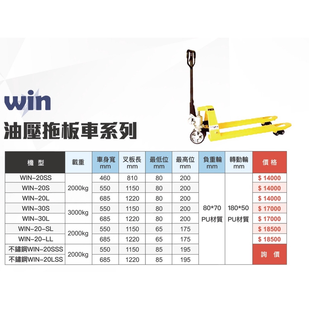 WIN 五金 WIN 30L*3T 油壓拖板車 堆高機 升降台車 地牛 搬運車 起重工具 搬運工具 廠房遷移 機台遷移, , large