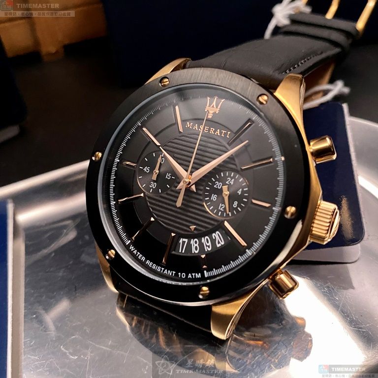 [星晴錶業]MASERATI手錶,46mm,R8871627001黑色錶面玫瑰金錶殼深黑色真皮皮革錶帶款, , large