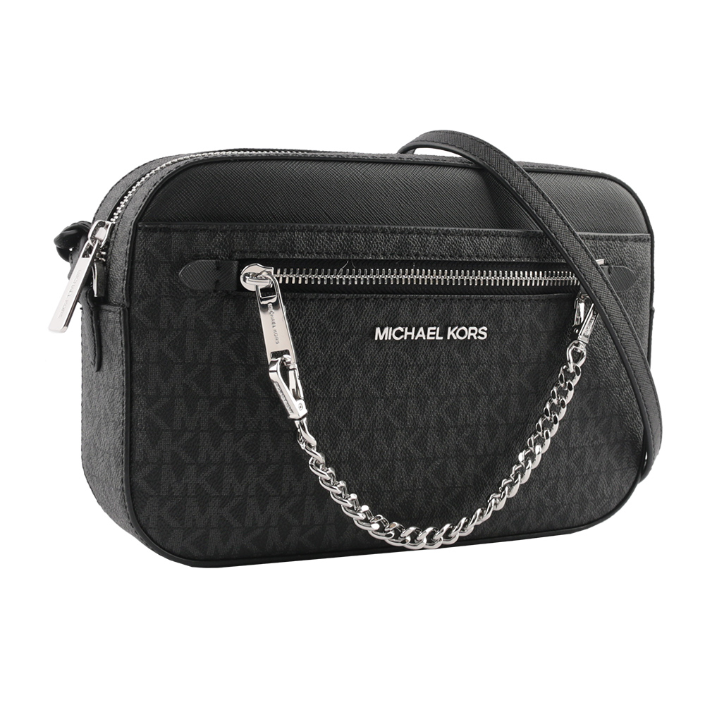 Michael Kors 銀字滿版塗層帆布附鏈帶前口袋方包/黑色, , large