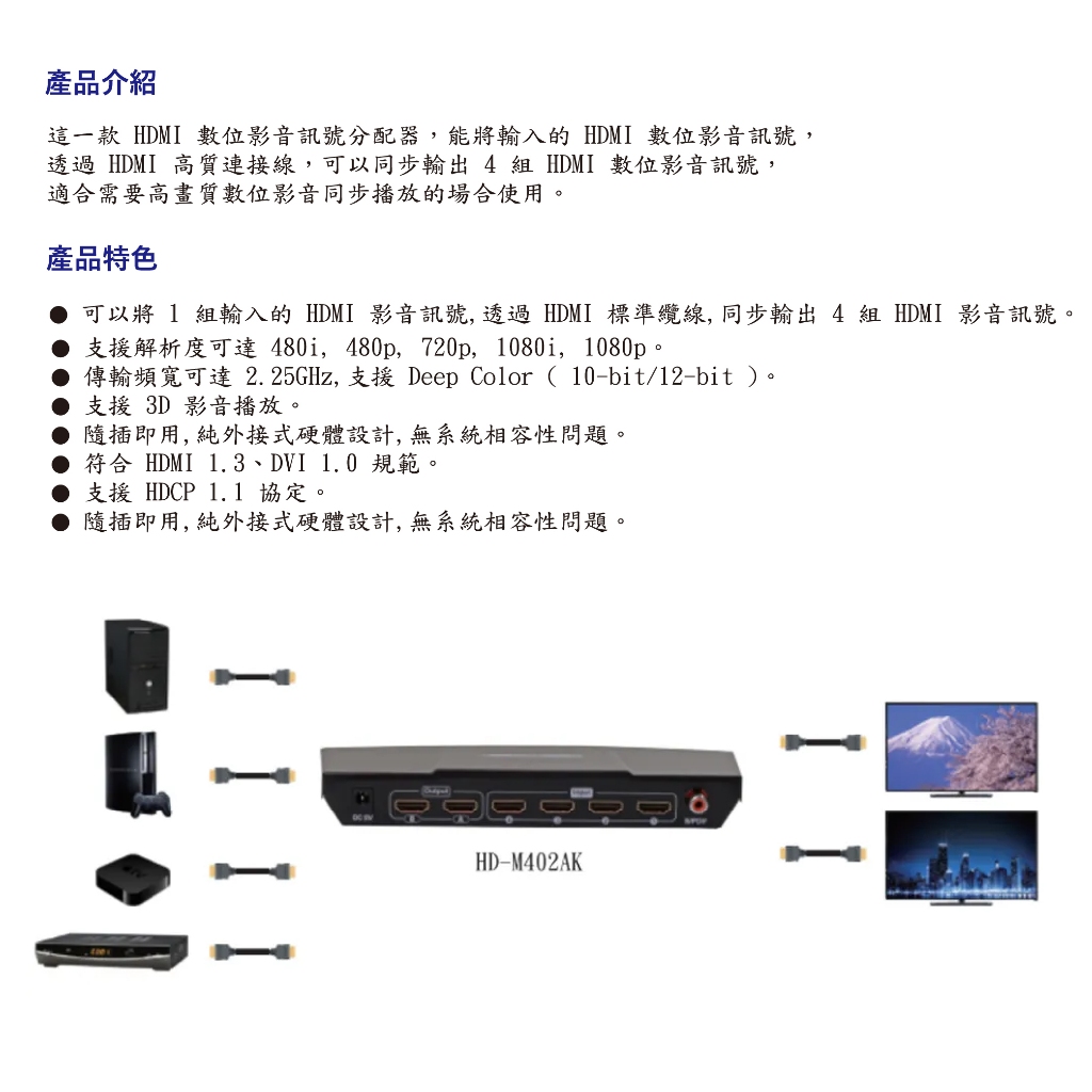 昌運監視器 HANWELL HS-M104 HDMI 影音訊號分配器 解析度1080p HDMI1入4出, , large