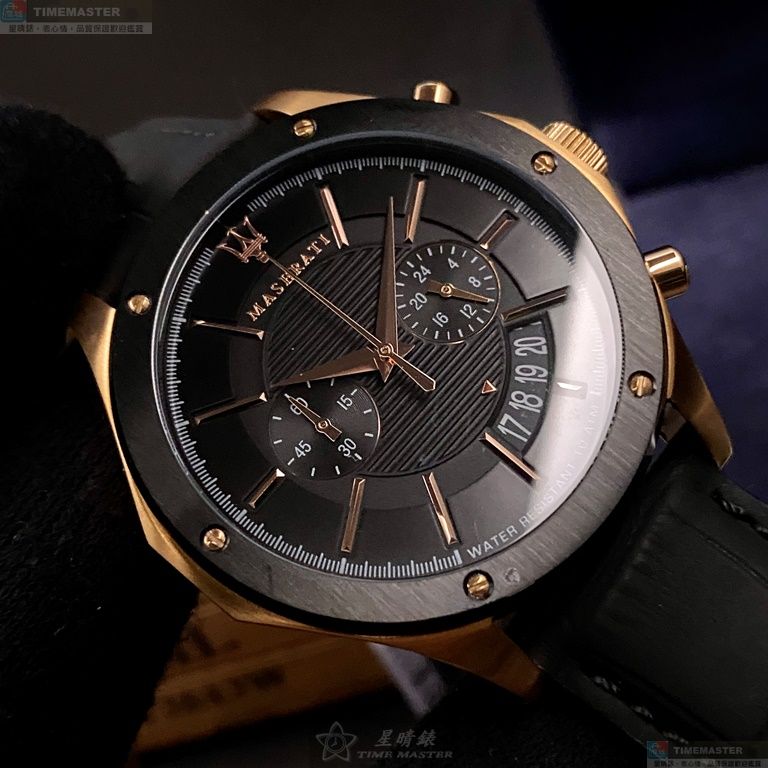 [星晴錶業]MASERATI手錶,46mm,R8871627001黑色錶面玫瑰金錶殼深黑色真皮皮革錶帶款, , large