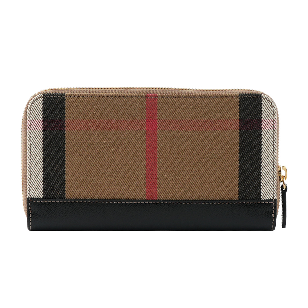 BURBERRY 格紋拼皮革ㄇ型拉鍊長夾/黑色, , large
