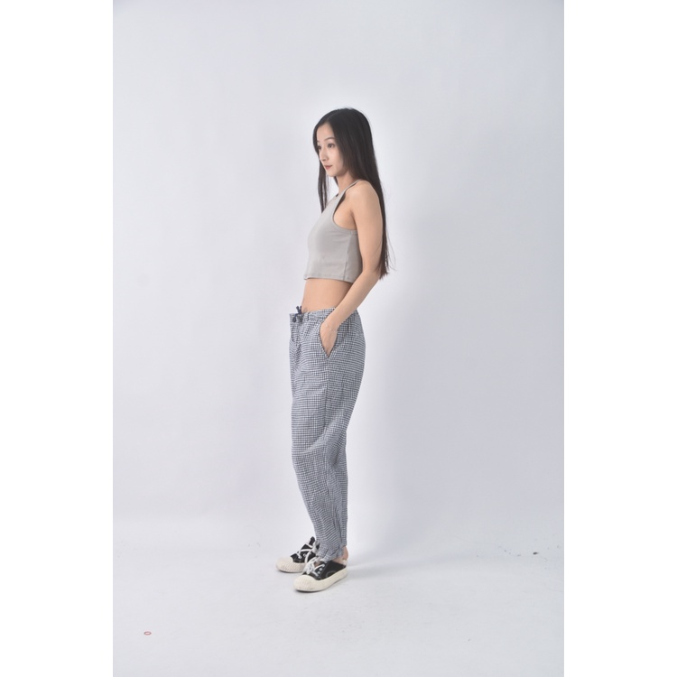 (L) uniqlo質感亞麻棉質格紋藍色長褲二手衣, , large