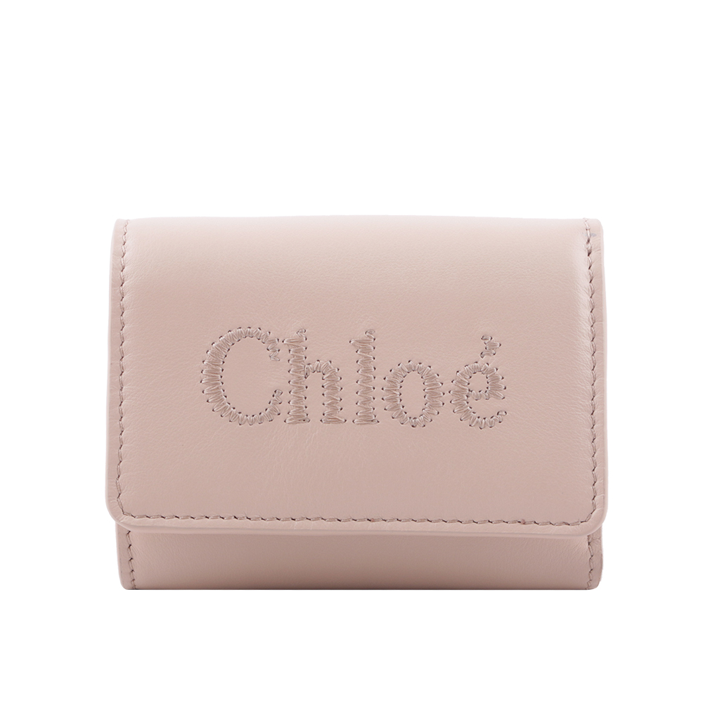 CHLOE' Sense 刺繡標誌小款三折短夾/灰粉色, , large