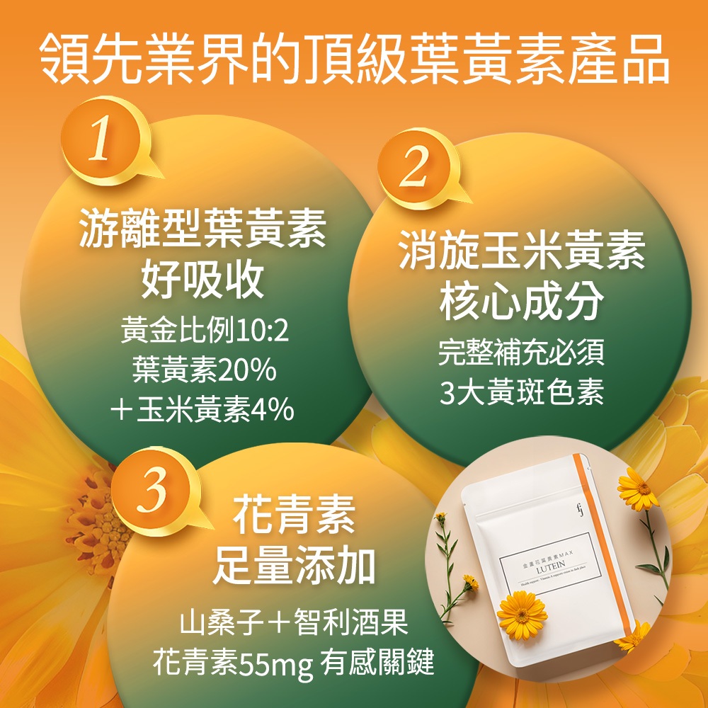 【FJ豐傑生醫】金盞花葉黃素MAX(30顆/袋)頂級游離型葉黃素，黃金配方，領先業界55mg花青素+3合1黃斑色素, , large