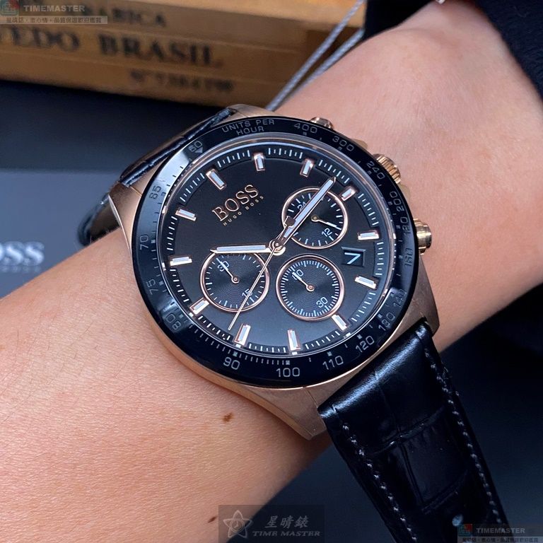[星晴錶業]BOSS手錶,44mm,HB1513753黑色錶面玫瑰金錶殼深黑色真皮皮革錶帶款, , large