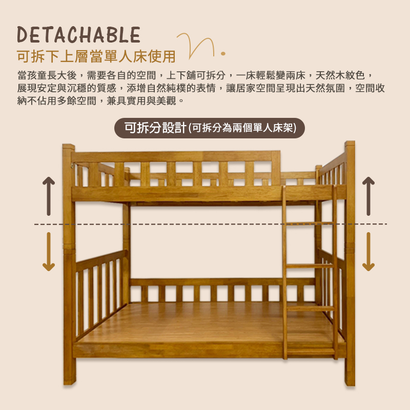 【KIKY】柯博文實木雙層床架3件組(雙層床+薄墊3.5尺x2), , large