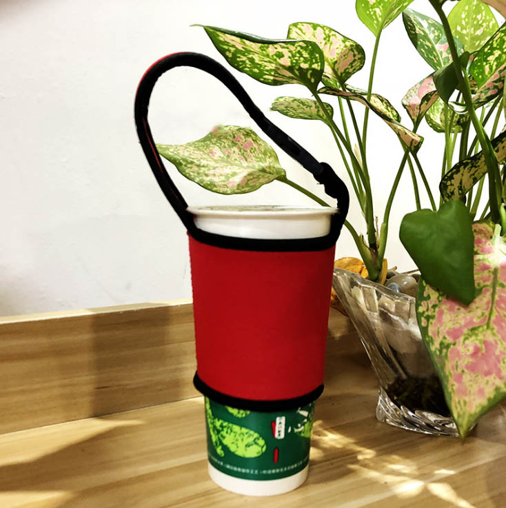 手搖杯杯套【紅色】 潛水衣材質 飲料杯套 帶卡扣 防燙 可配背帶 咖啡杯套 便攜奶茶杯套, , large