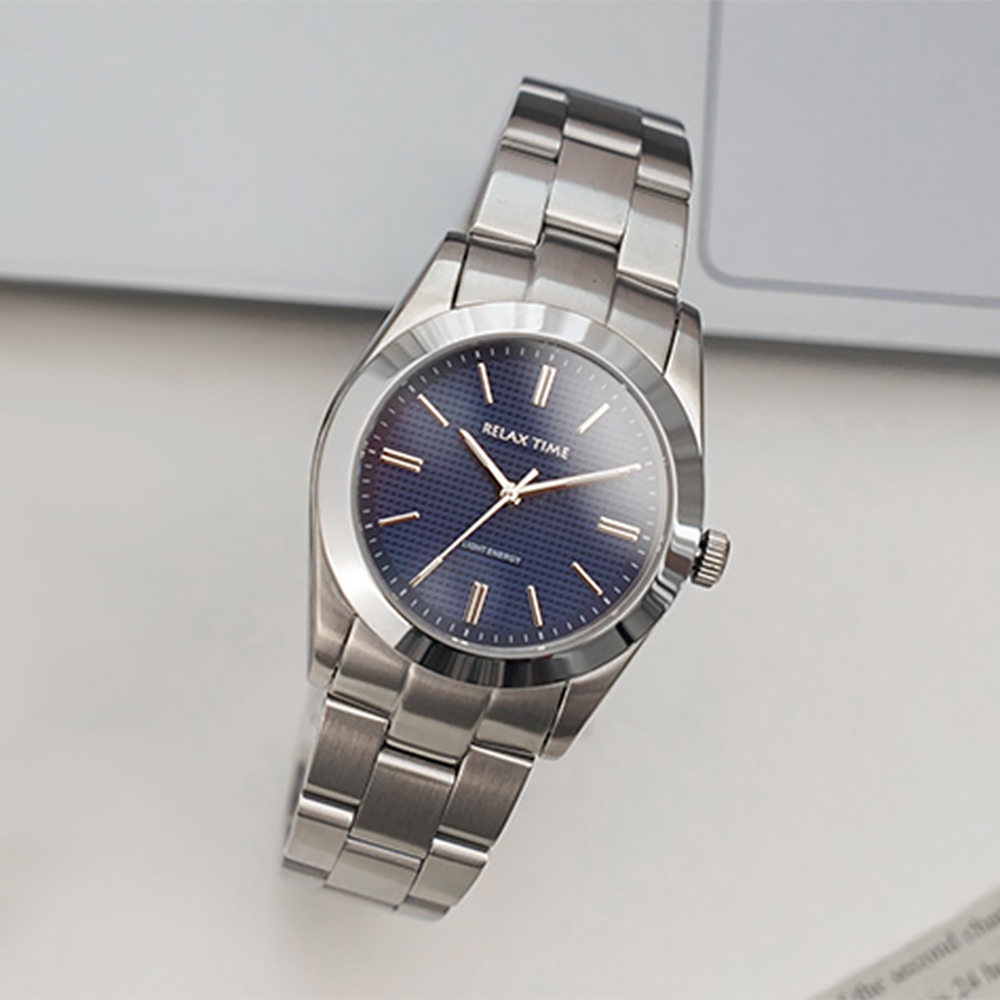 Relax Time RT-105S 立體格紋太陽能女錶-銀x藍/34mm RT-105S-3L, , large