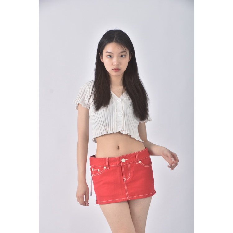 (2XL) joke me off丹寧牛仔質感紅色短裙二手衣, , large