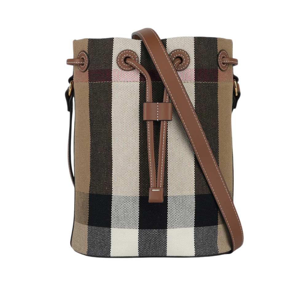 BURBERRY 格紋棉質帆布及牛皮小款束口水桶包/灰褐色/棕色, , large