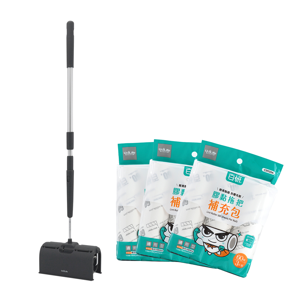 百研/掀蓋式伸縮長柄膠黏拖把-60周-1+百研/通用型膠黏補充包/60周-3入x3包-1組, , large