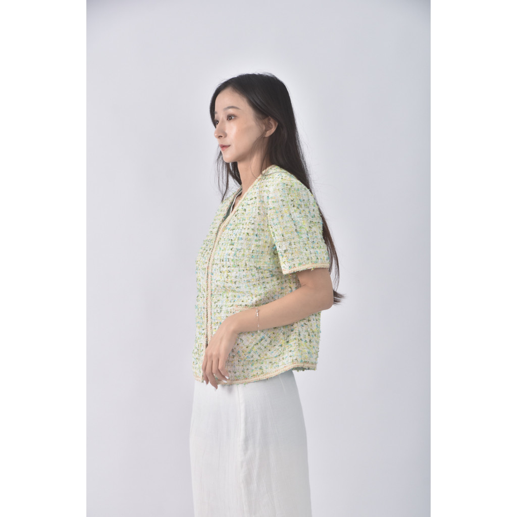 (S) 小香風Ｖ領綠色外套二手衣, , large