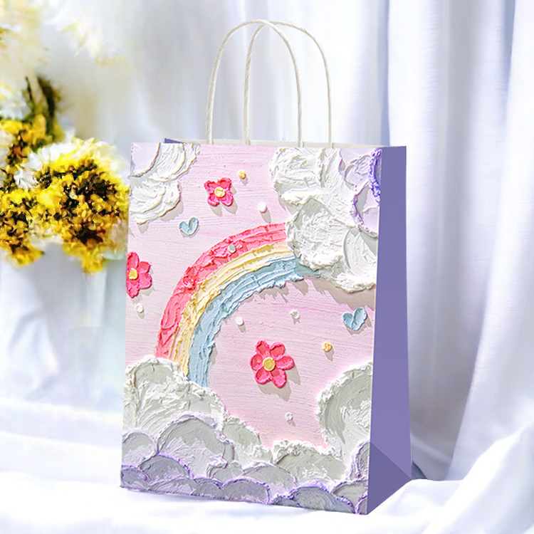 油畫風 禮物袋【彩虹雲海- 27*21cm 】立體 禮品袋 包裝袋 手提袋 紙袋 手提紙袋 簡約紙袋 禮物, , large