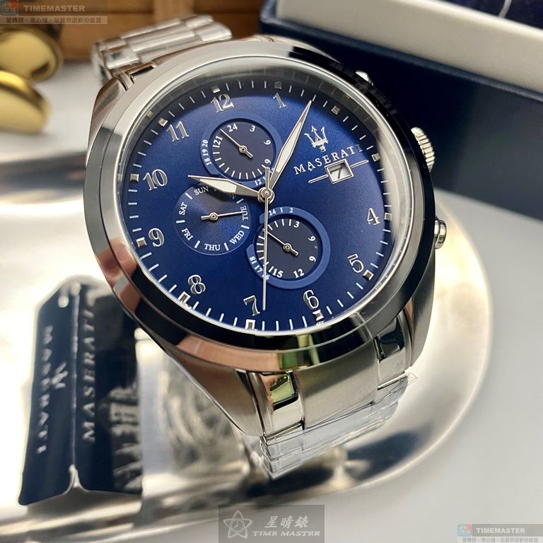 [星晴錶業]MASERATI手錶,46mm,R8853112505寶藍色錶面寶藍錶殼銀色精鋼錶帶款, , large