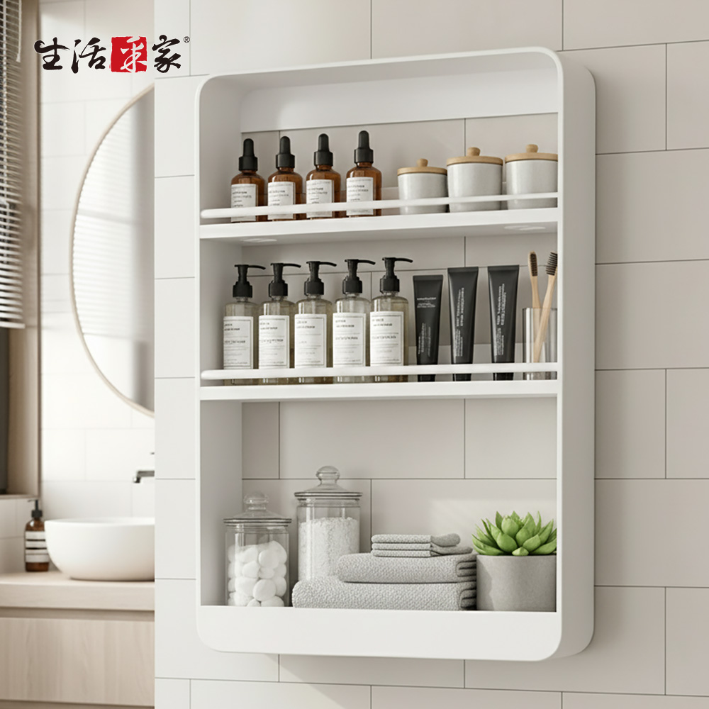 SHCJ 免打孔壁掛鋁質置物架 【珍珠白三層】壁掛架 收納架 收納層架 收納 浴室收納 廚房置物架 化妝品收納架 免打孔 收納架 瓶罐架 浴室架 廚房架, 珍珠白, large