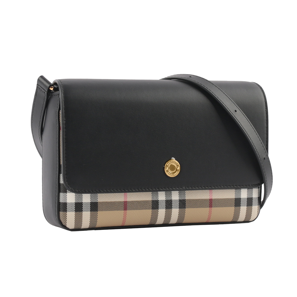 BURBERRY Penny 格紋帆布拼小牛皮翻蓋斜背包/經典米色/黑色, , large