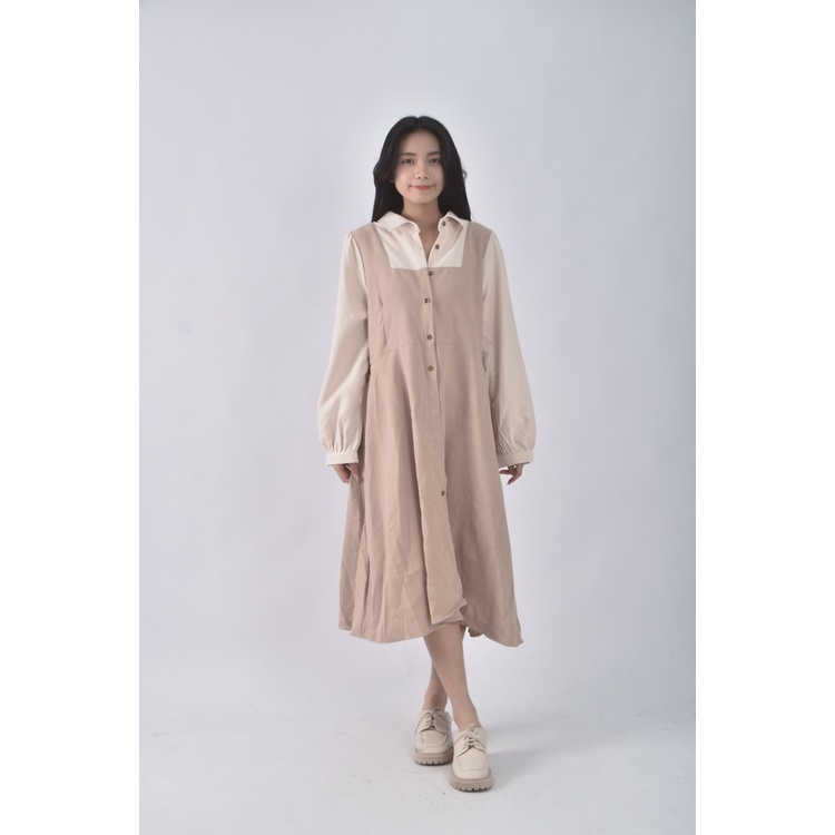 (M) 【金莎私服】meingfashon質感拼接杏色洋裝二手衣, , large