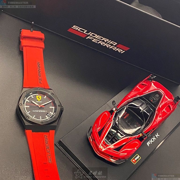 [星晴錶業]FERRARI手錶,42mm,FE00002黑色錶面黑錶殼紅矽膠錶帶款, , large