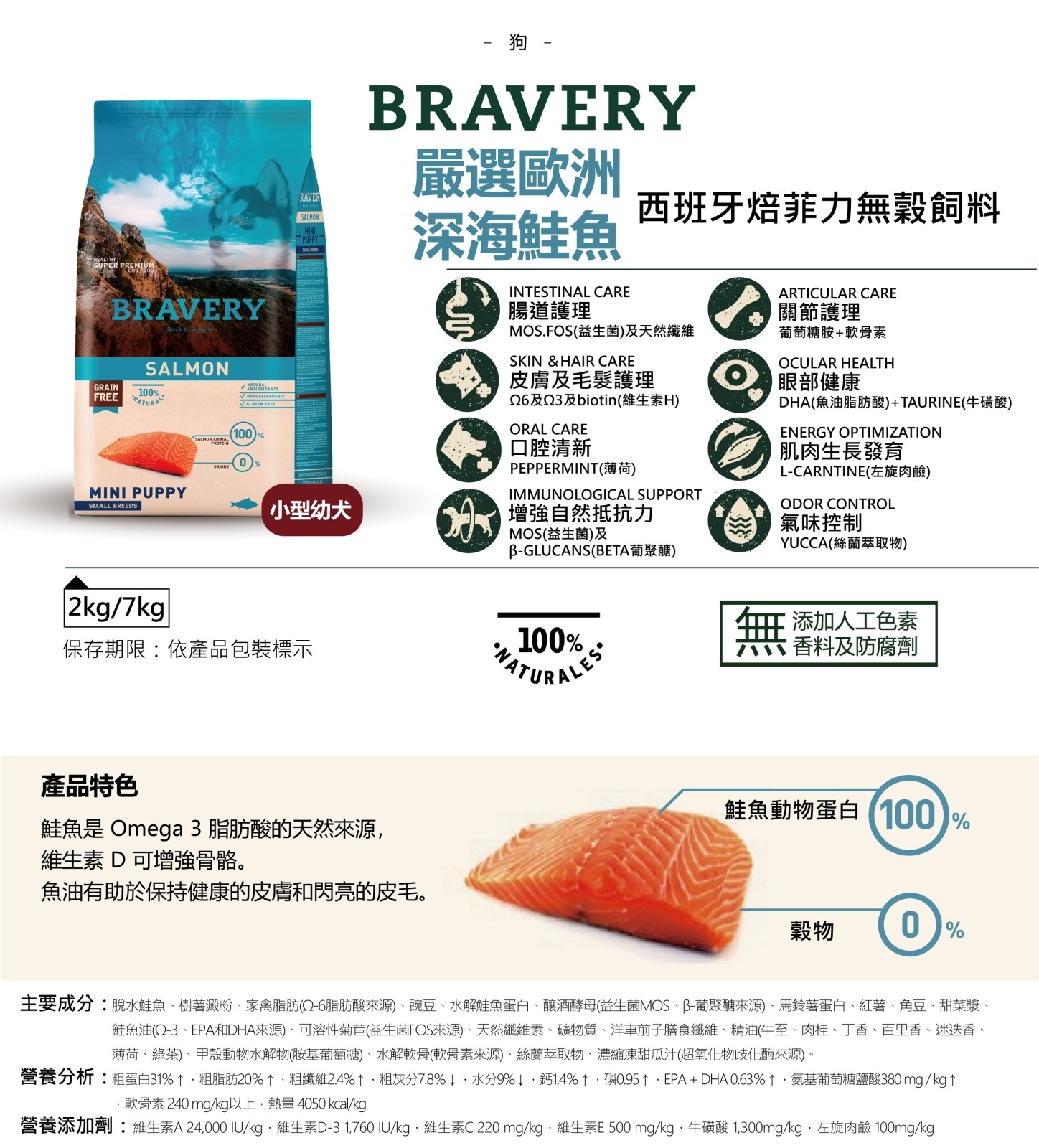 【拉拉寵物小舖】西班牙 Bravery 焙菲力 狗飼料 小型幼犬鮭魚 2公斤 低敏 無穀 單一肉源, , large
