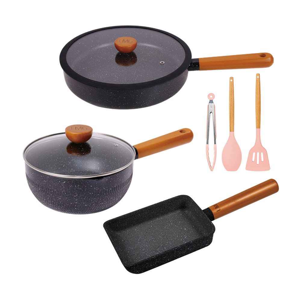 【LMG】曜石黑 雪藏不沾雪平鍋/平底鍋/玉子燒鍋 三鍋超值組(贈玫瑰粉料理三件組), , large