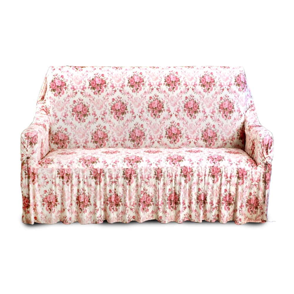 【格藍傢飾】涼感沙發套-香榭玫瑰 裙襬 抽繩專利 加大版 高品質 親膚透氣 冰絲沙發罩 沙發布套 彈力, , large