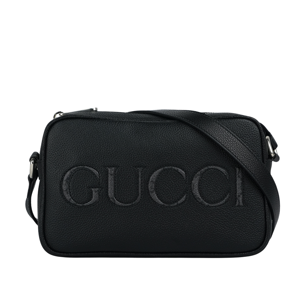 GUCCI 縫線Logo 素面皮革拉鍊迷你相機包/黑色, , large