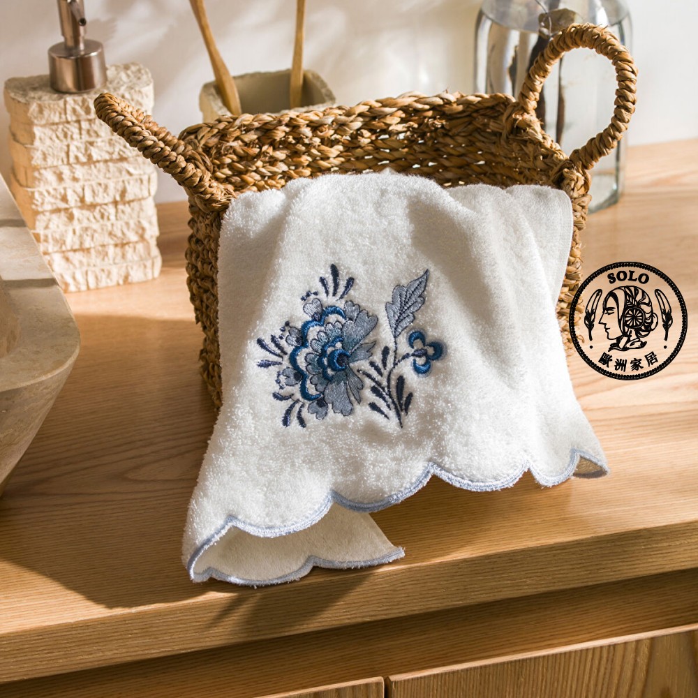 【SOLO Vintage】LCW Home 50x80cm Blue Porcelain Flower Embroidery Towel 100% Cotton Super Absorbent Made in Turkey, , large