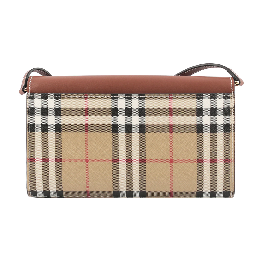 BURBERRY 經典格紋拼牛皮皮夾式斜背包/經典米色/焦糖色, , large