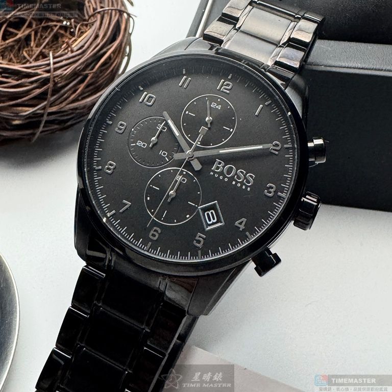 [星晴錶業]BOSS手錶,44mm,HB1513785黑色錶面黑錶殼深黑色精鋼錶帶款