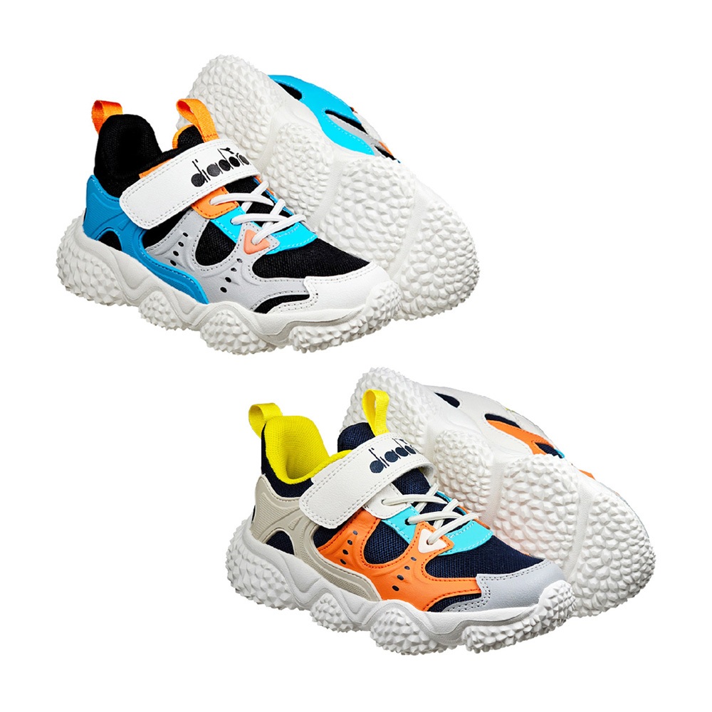 DIADORA迪亞多那 小河豚兒童運動鞋 童運動鞋 童鞋 寬楦 輕量 保護後跟 抗菌 除臭 吸震 緩衝 黑藍桔 藍灰黃, , large