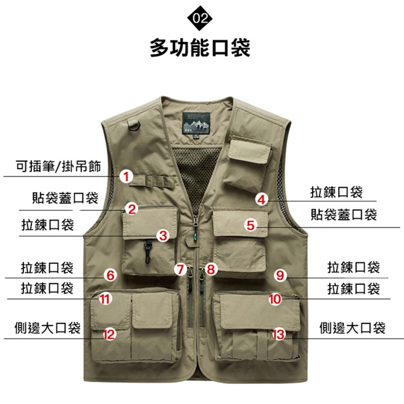 大尺碼-男款-防水 速乾 戶外 旅遊 攝影 釣魚 多口袋背心-卡其/綠/黑/深灰/深藍-0207005, 01黑, large