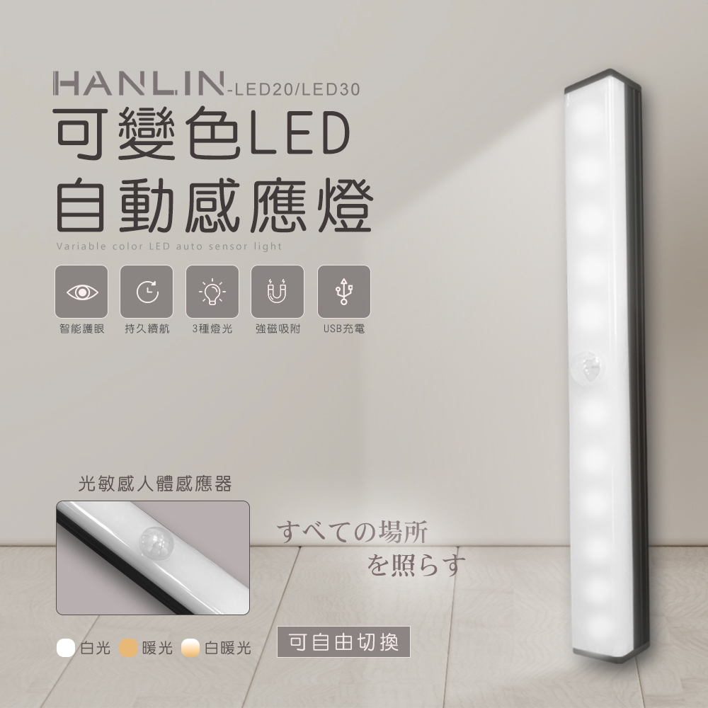 [HANLIN]-LED20 可變色LED自動感應燈#USB 充電 小夜燈 露營燈 磁吸感應燈 櫥櫃燈, , large