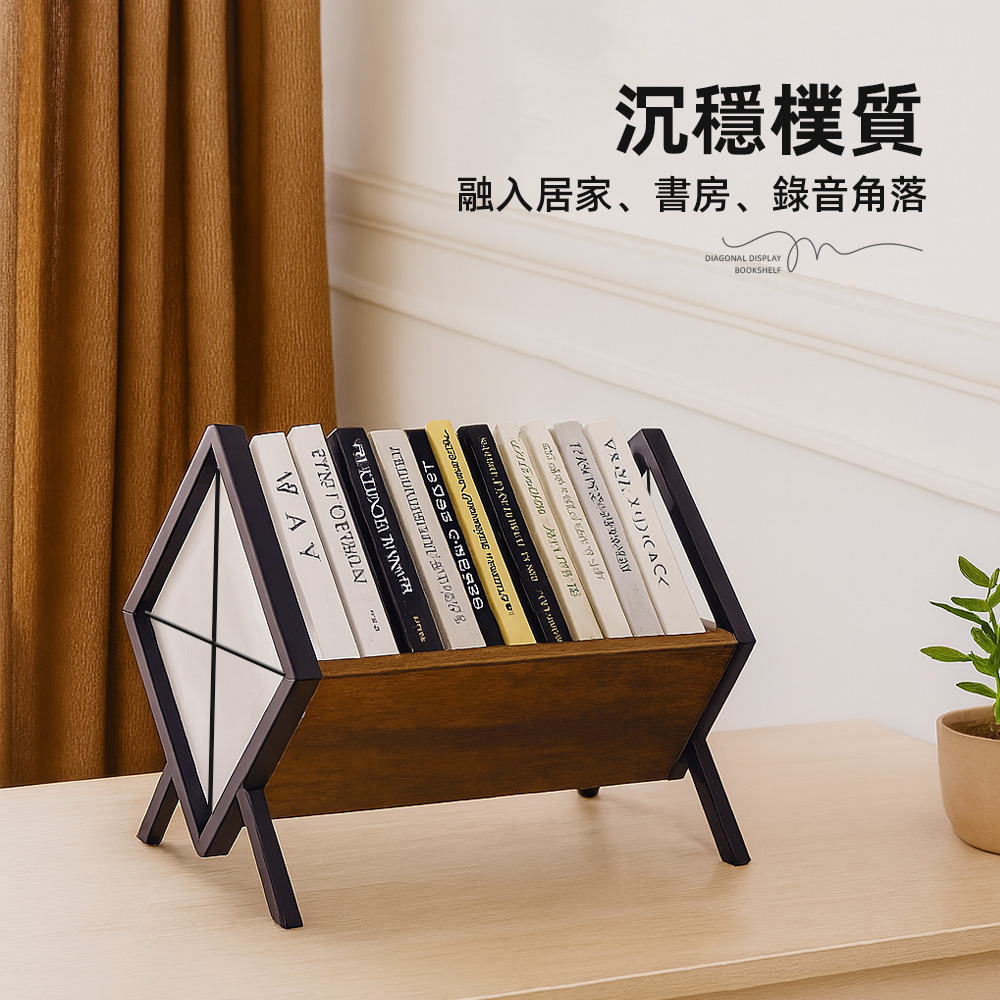 【上手家居】簡樸斜插展示書架 重燒木紋(桌面置物架/cd展示架/黑膠展示架/桌上書架), , large