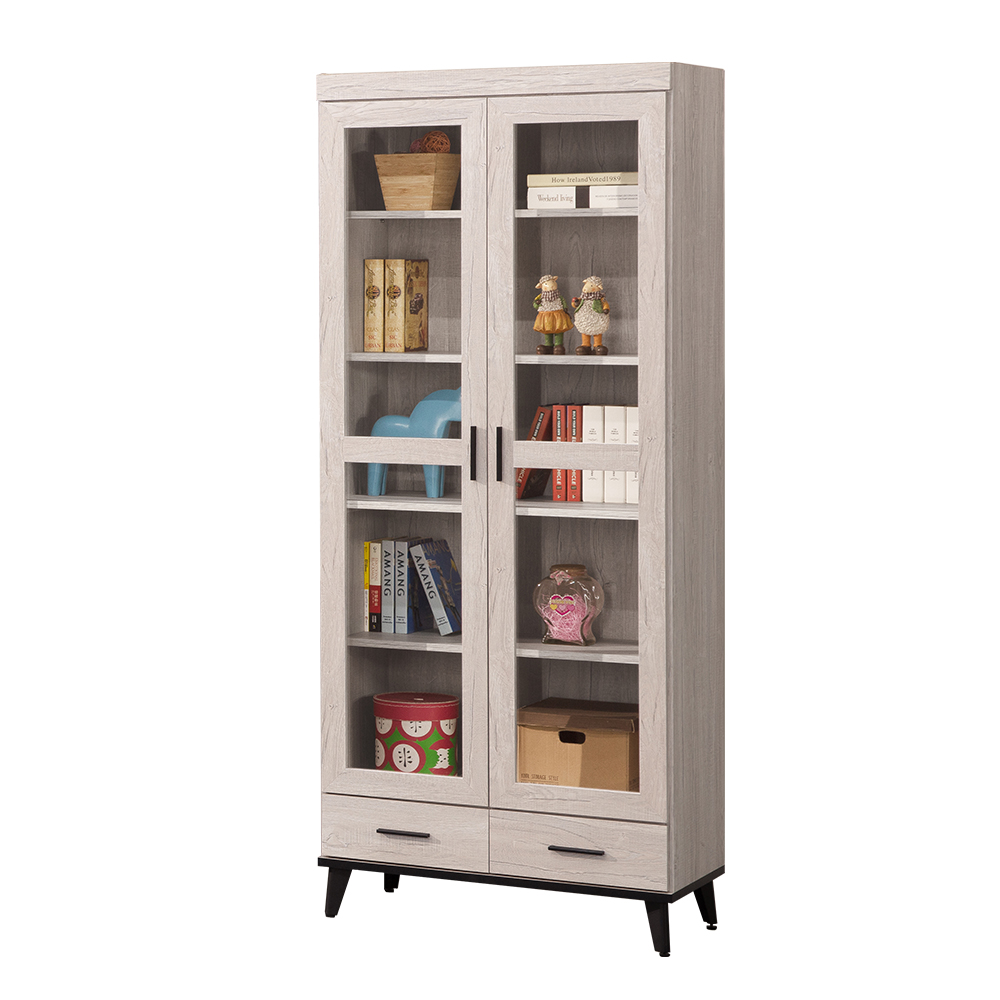 【唯熙傢俱】凱熙橡木白2.7尺玻璃書櫃, , large