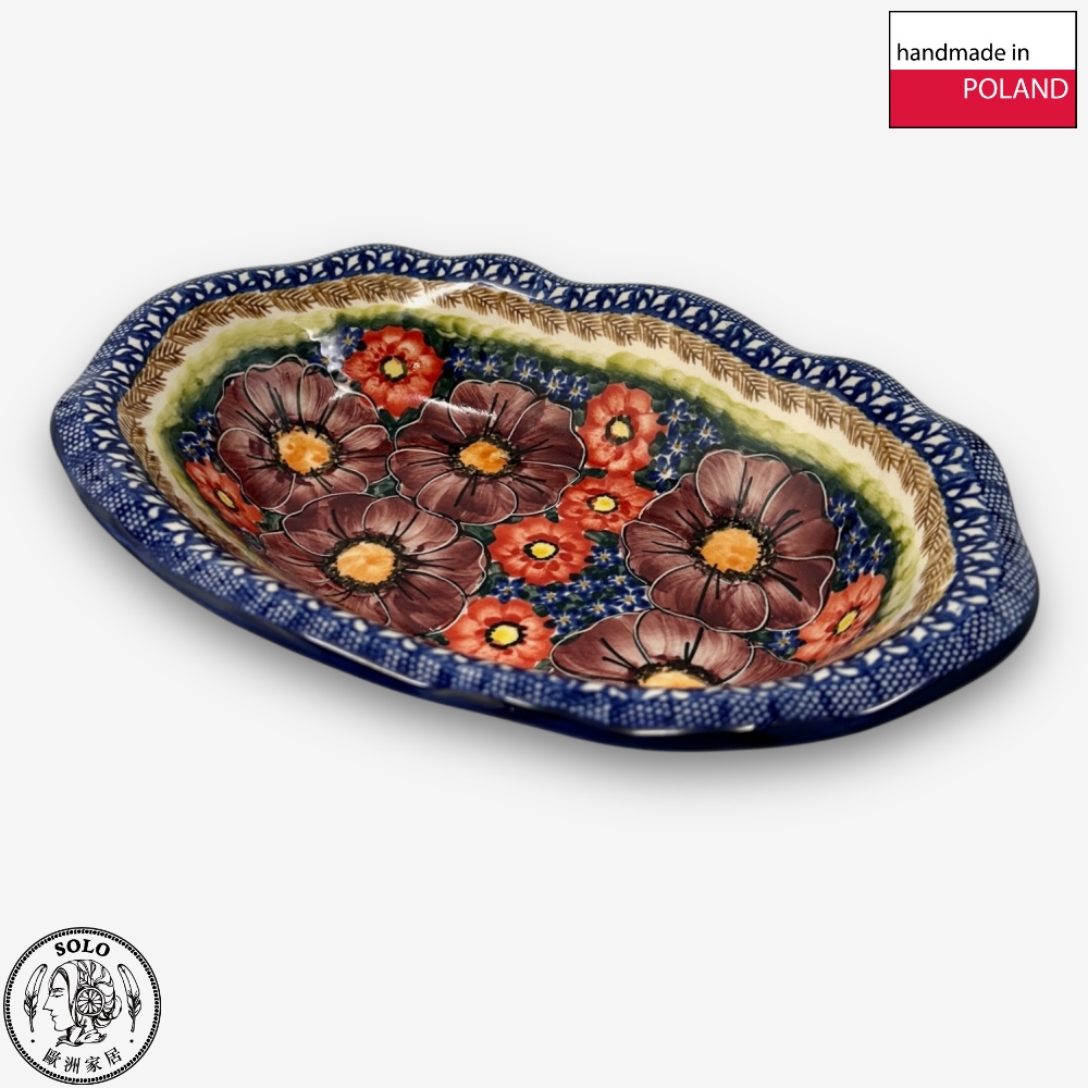 【SOLO Vintage】Cerraf Polish Pottery 26cm Oval Plate Banquet of Elegant Red Series Made in Poland, , large