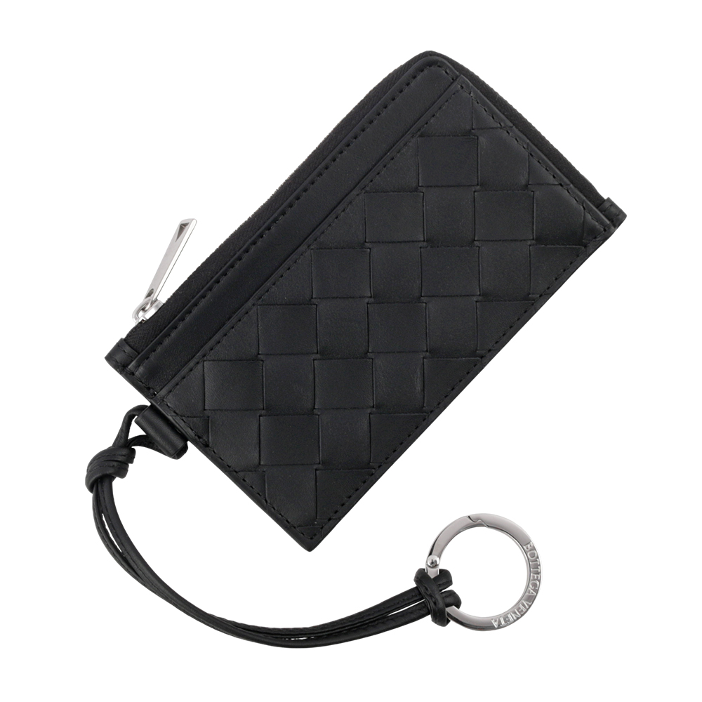 BOTTEGA VENETA L 型銀色拉鍊小牛皮編織附鑰匙釦卡包/零錢包/黑色, , large