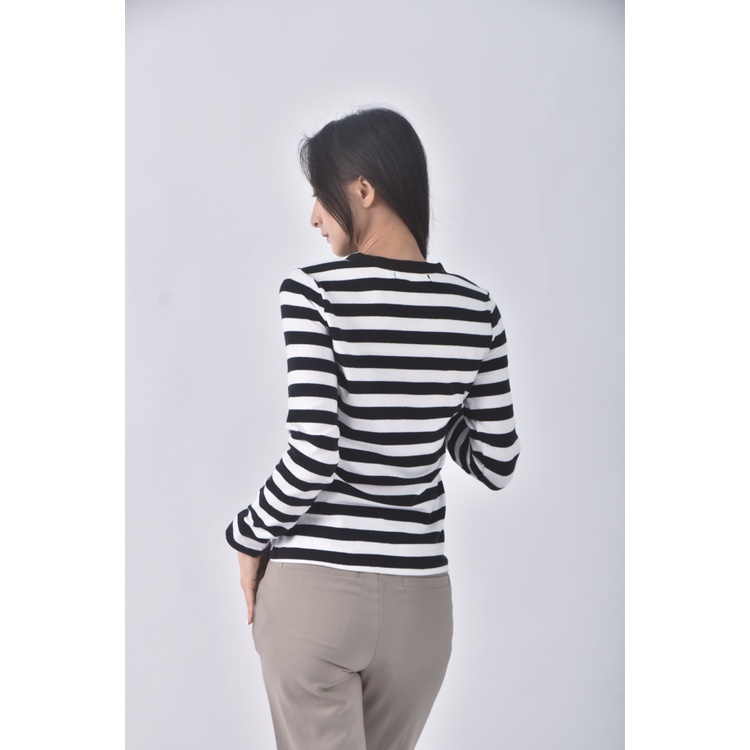 (S) easy zone質感棉質條紋黑色長袖上衣二手衣, , large