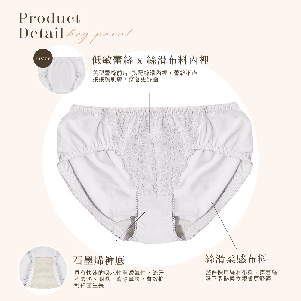 【Clany可蘭霓】澎然心動 石墨烯抑菌透氣蕾絲 M-XL 中腰內褲 氣質灰 3063-61, , large