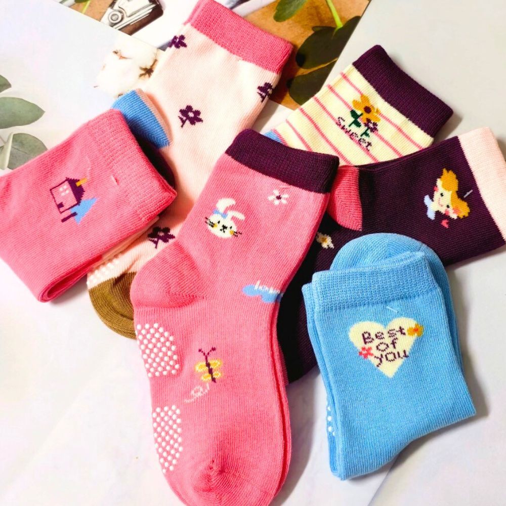 [Kaimei Cotton Industry] 8 pairs set, random and excellent, MIT made in Taiwan, pure cotton non-slip children's socks, warm pastoral style, girls 13-16cm, , large