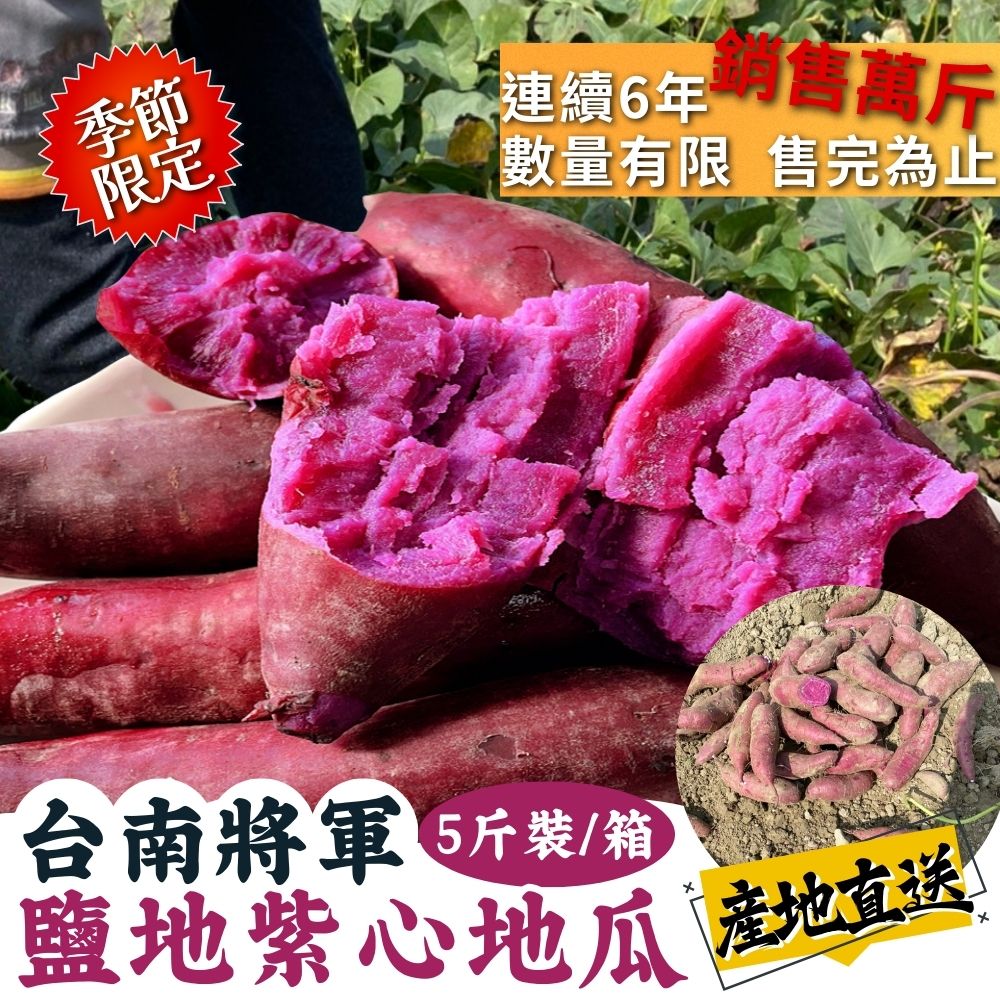 年後輕食首選首推 季節限定 皮薄肉質細緻軟嫩 台南將軍鹽地 紫心地瓜 5斤/箱  [2箱免運組] 為確保新鮮品質請盡早食用完畢